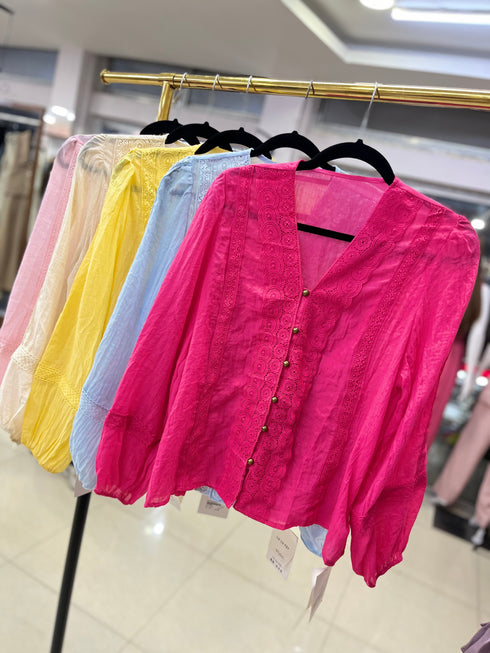 Cotton Lace Button Down Tops